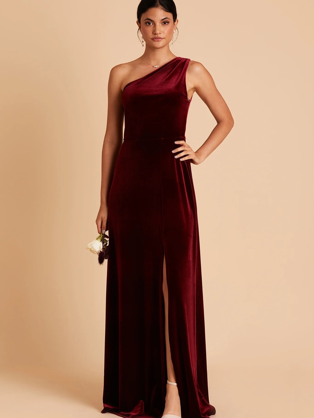 Birdy Grey One-Shoulder Velvet Gown in Cabernet